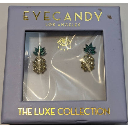 Eye Candy Lux CRUISING Pineapple Earrings Yellow Green Rhinestone Studs New