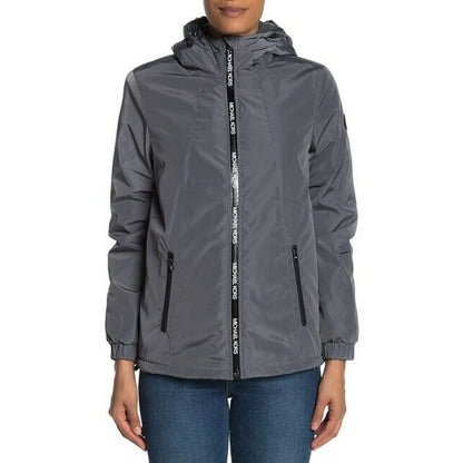 Michael Kors Missy Faux Shearling Gray Jacket Hood Elasticized Cuffs Large