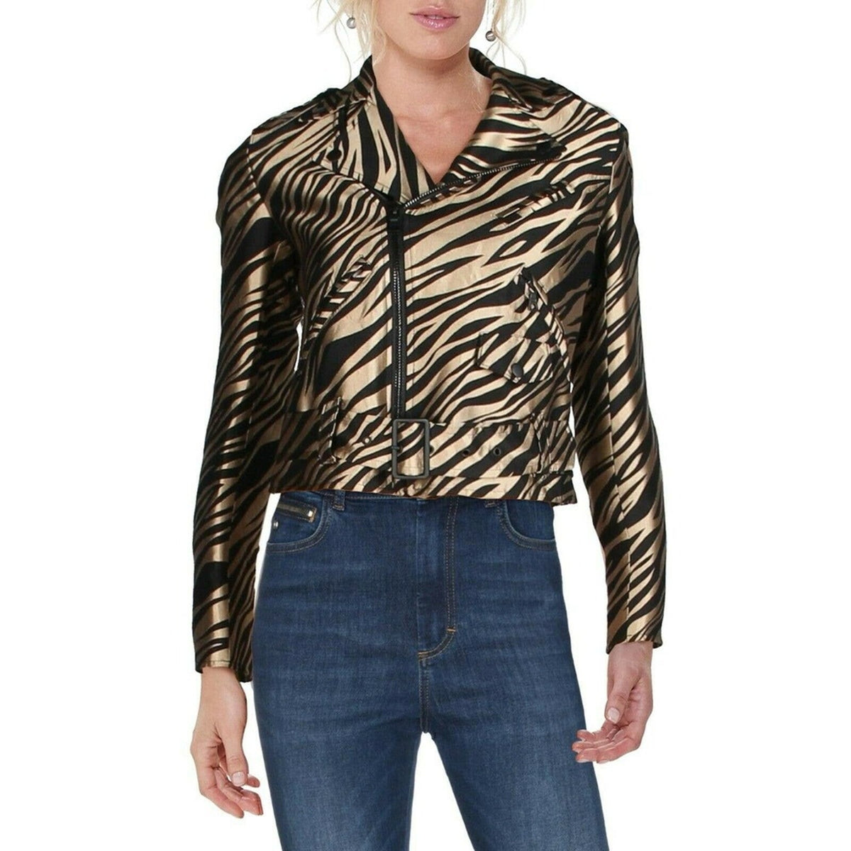Anne Klein Moto Jacket Animal Print Long Sleeve Vicuna/Gold Black Combo 12
