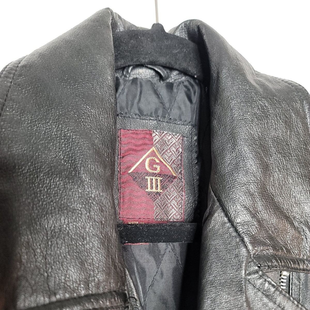 G III Women VINTAGE Black Leather Jacket Coat Belted Front Zip Quilt Lined Large
