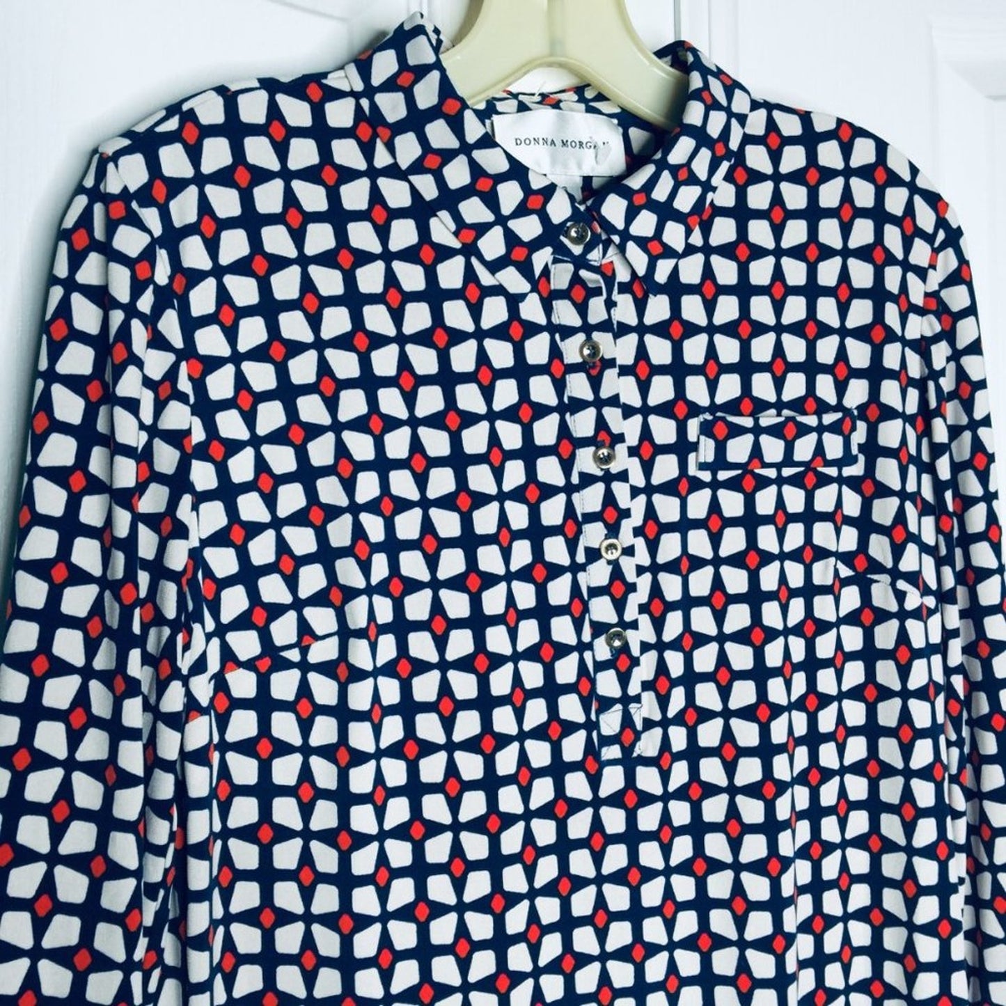 Donna Morgan Long Sleeve Shift Dress Collared Geometric Blue/White/orange Size 6