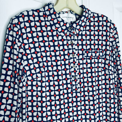 Donna Morgan Long Sleeve Shift Dress Collared Geometric Blue/White/orange Size 6