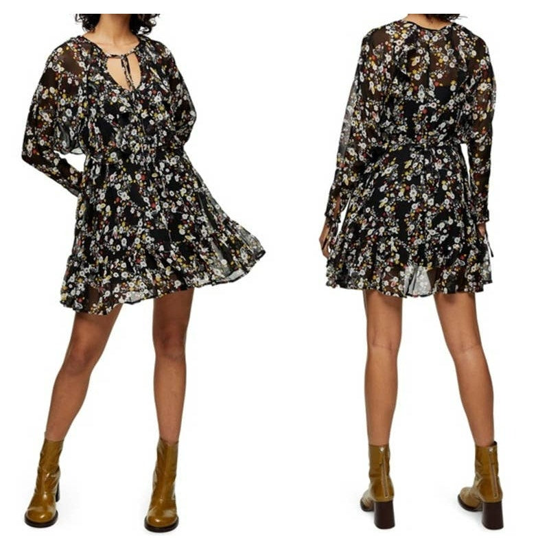 Topshop Sheer Chiffon Long Sleeve Ruffled Boho Mini Dress US 2 Black Floral NWT