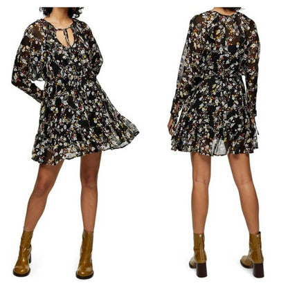 Topshop Sheer Chiffon Long Sleeve Ruffled Boho Mini Dress US 2 Black Floral NWT
