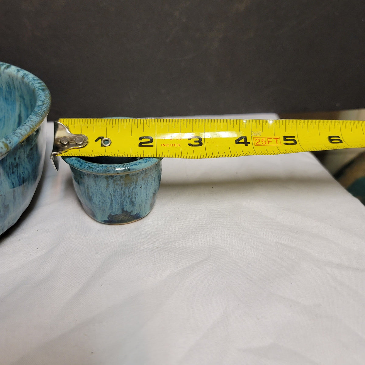 Vintage Blue Olive Serving Set Two Piece Ring Bowl with Sauce Cup Handmade