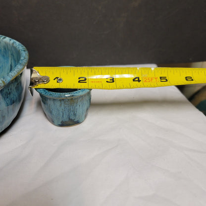 Vintage Blue Olive Serving Set Two Piece Ring Bowl with Sauce Cup Handmade