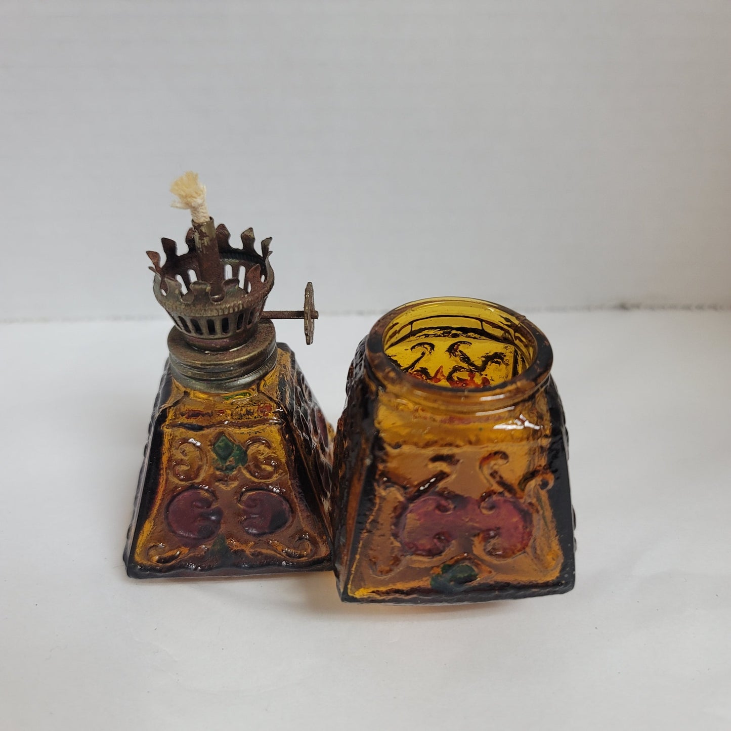 Vintage Miniature Oil Lamp  with globe 5" tall painted Amber Mini Hurricane