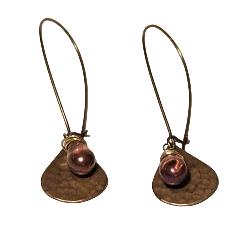 Copper Tone Dangle Earrings Purple Glass Bead Hammered Metal Charms