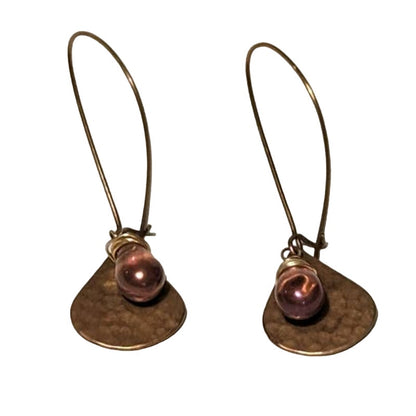 Copper Tone Dangle Earrings Purple Glass Bead Hammered Metal Charms