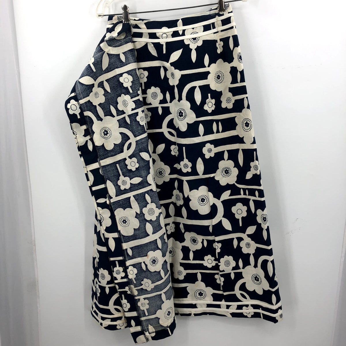 Century Vintage Navy Blue and White Floral Wrap Around Skirt