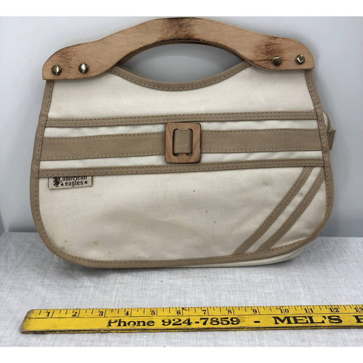 American Eagles Vintage Brown Cream Canvas Bag with Wooden Handles Top Handle