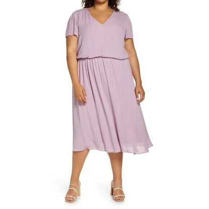 WAYF Blouson Pullover Lined Short Sleeve Flowy Midi Dress Size 1X Lavender NWT