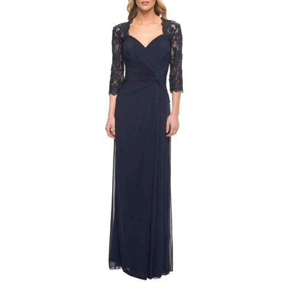 La Femme Sweetheart Neck Lace Sleeve Knot Detail Gown Dress Sz 18 Navy NWT 23244