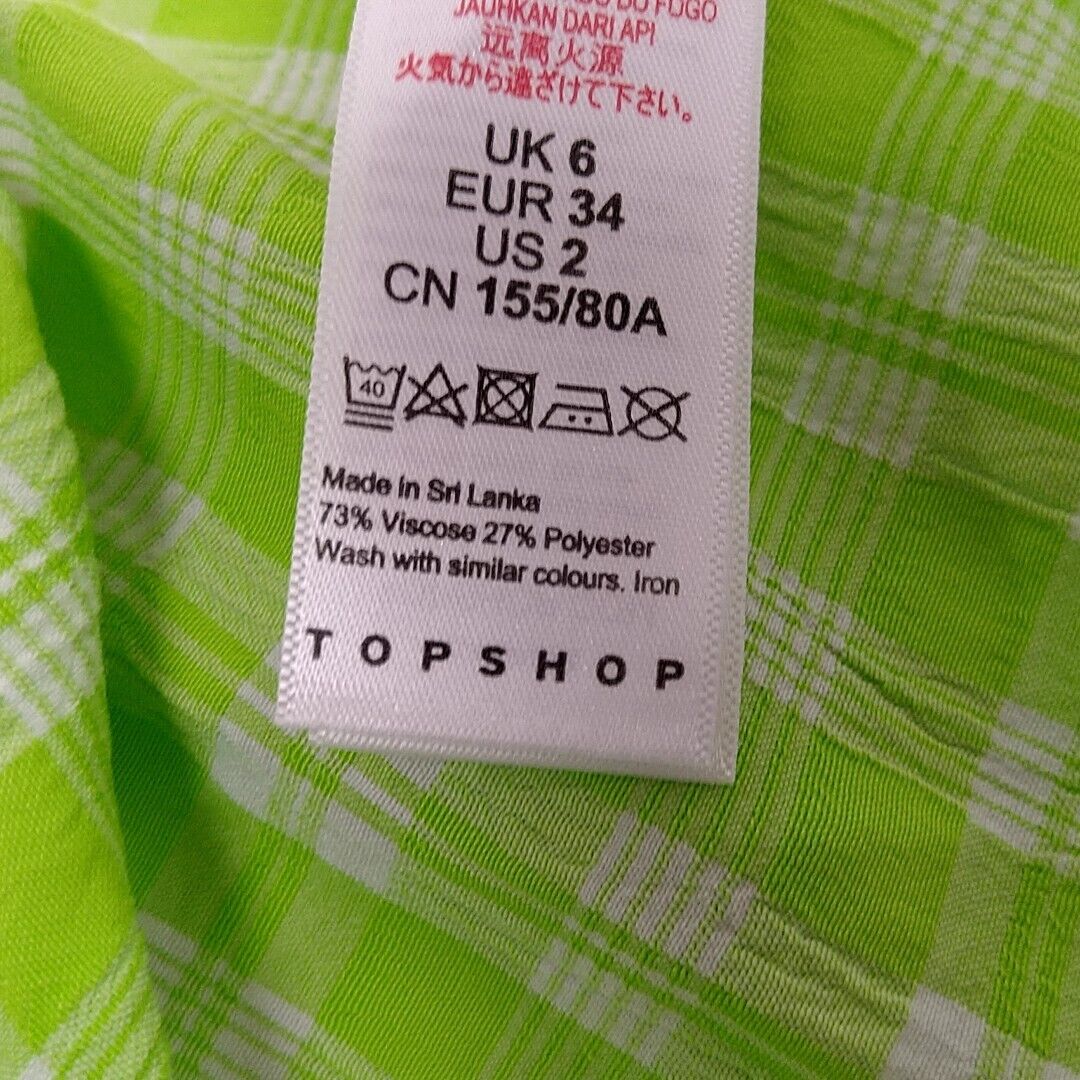 Topshop Ruched Bow Front Scoop Neck Puff Sleeve Romper US Size 2 Lime Plaid NWT