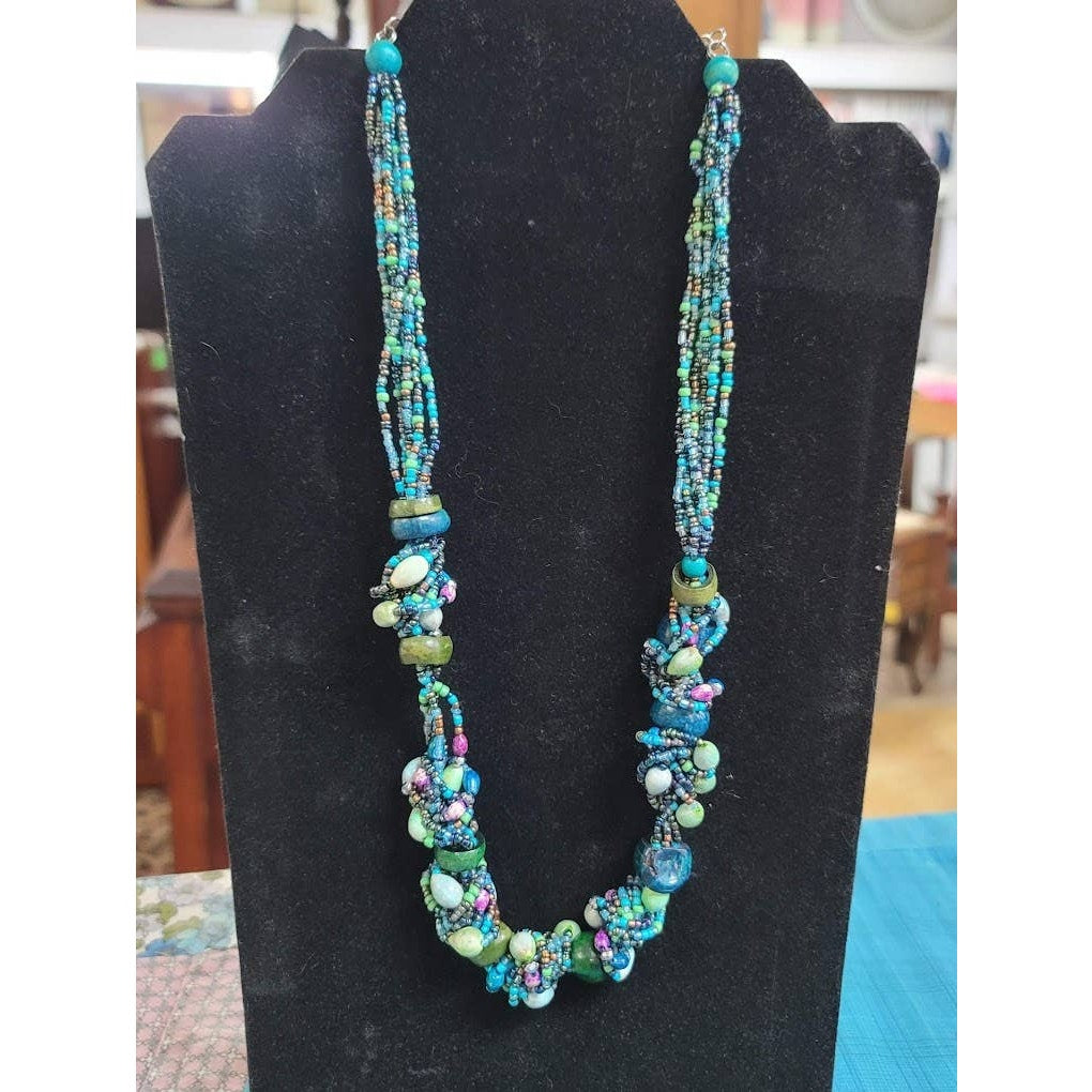 Vintage Cluster Funky Beaded Necklace Glass Wood Costume Jewelry Blue Green BOHO