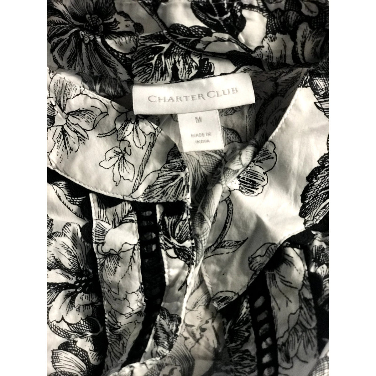 Charter Club NWT White Split-Neck Tunic Blouse Top Black Floral Print Medium