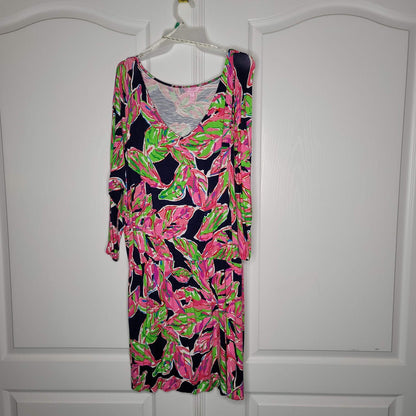Lilly Pulitzer Briella Neon Pink stripe Boat Neck Dress cap Sleeve Size XL