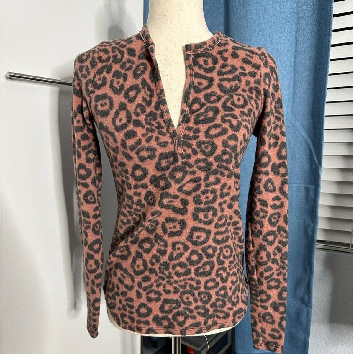 Socialite Rust Black Animal print NEW medium fleece top Henley long sleeves SOFT