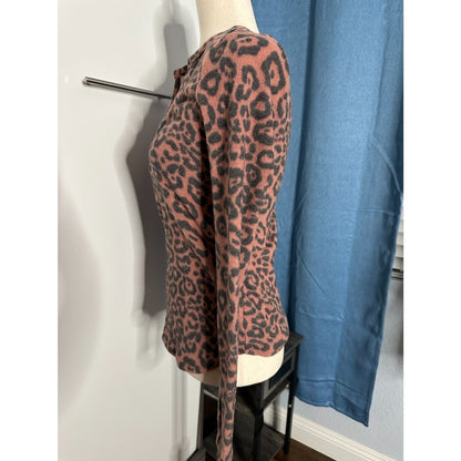 Socialite Rust Black Animal print NEW medium fleece top Henley long sleeves SOFT