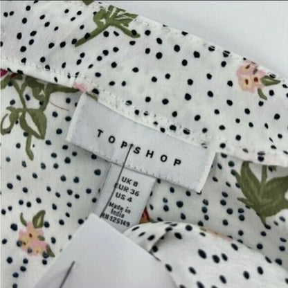 TopShop Women’s Floral Dot Tie Front Satiny Blouse Size 4 White Dots Floral NWT