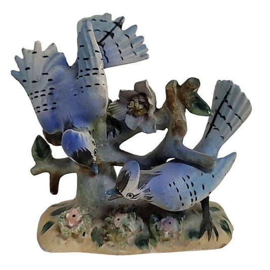 Vintage Japan Blue Jay Bird Floral Figurine Porcelain Decor Collectible Kitschy