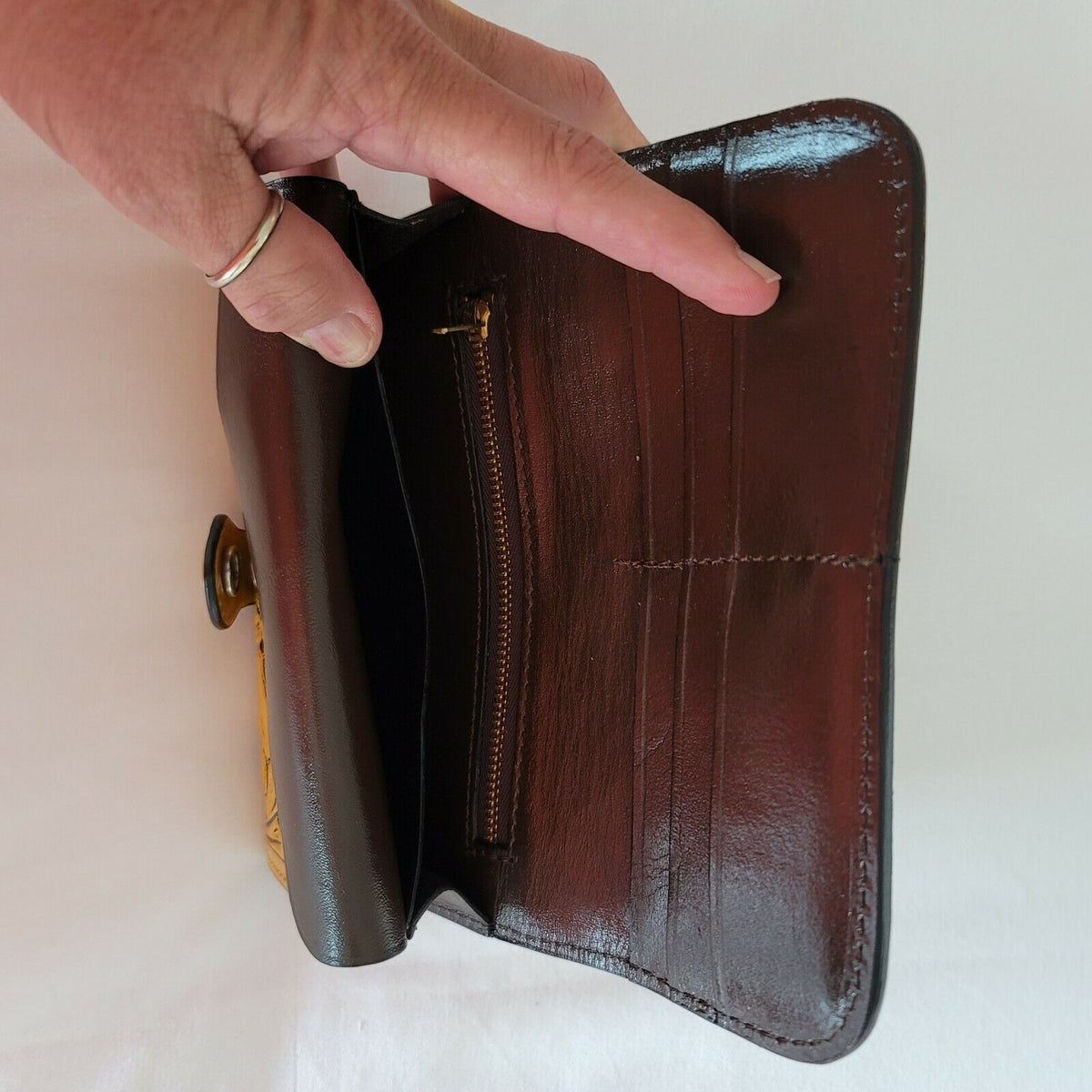 Hand tooled leather wallet Mustard yellow 7 1/2"x 4" BOHO Chic Mexican Artisan
