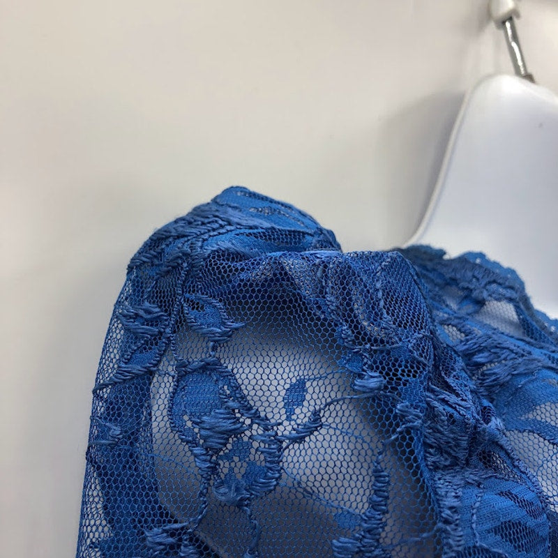 Vintage Blue 1980s High Low Lace Taffeta Dress Side Bow Crinoline 10 Long Sleeve
