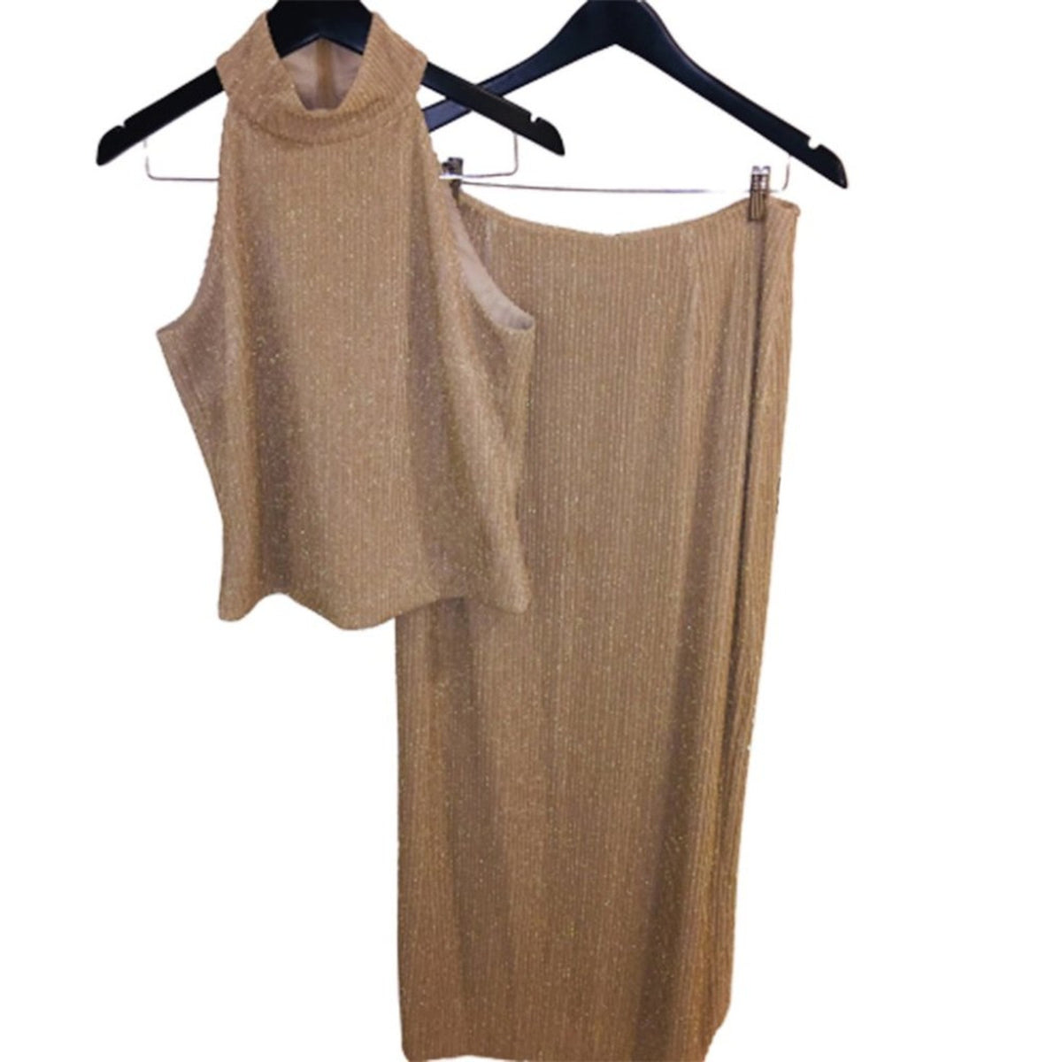 Cache 2 Pc. Set VINTAGE Mock Neck Sleeveless Top & Maxi Skirt GOLD Stripe medium