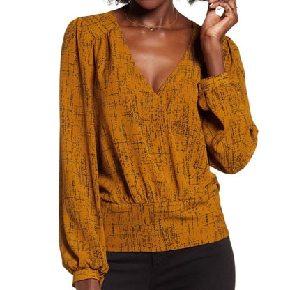 All In Favor Surplice V-neck Long Sleeve Top Size XS/Extra Small Brown Print NWT