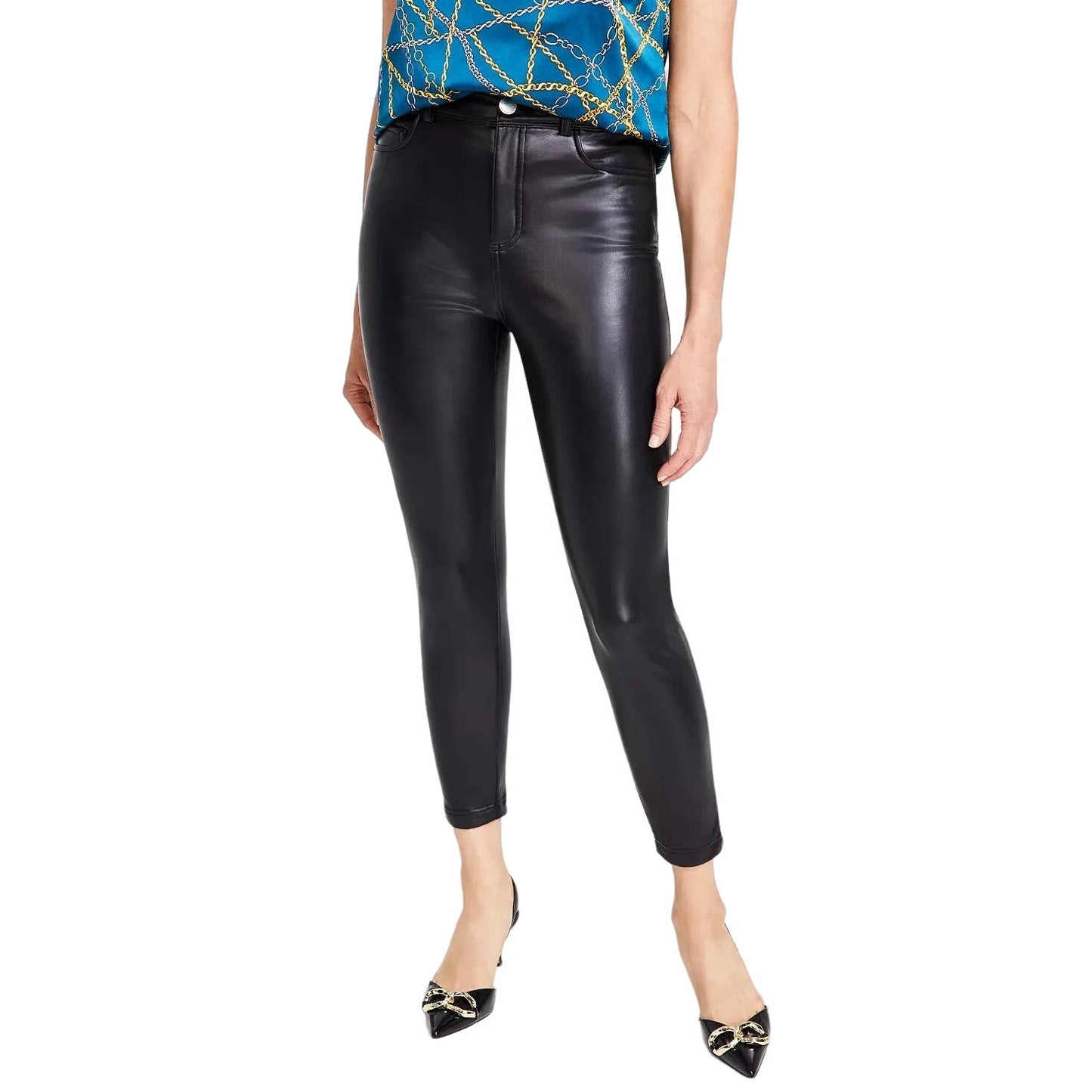 I.N.C. Denim Skinny High Rise Faux Leather Pants Sz 16/33 Curvy Short Black NWT