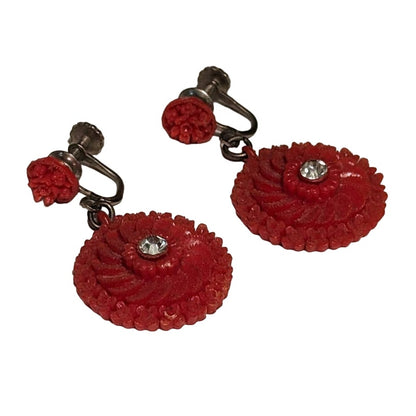 Vintage Clip On Earrings Red Flower Rhinestone Center Dangle Charm Japan 1950