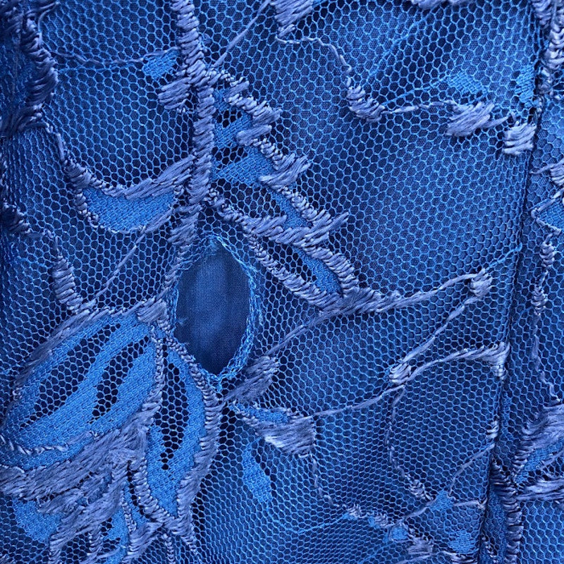 Vintage Blue 1980s High Low Lace Taffeta Dress Side Bow Crinoline 10 Long Sleeve
