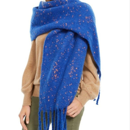 DKNY NEW Blue Orange Speckled Long Fringe Scarf OVERSIZED Wrap GATOR