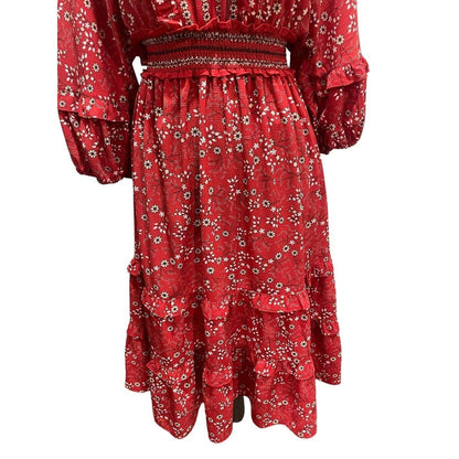 Max Studio Tiered Ruffle Midi Dress Cottage Liberty Sz Large Red Print NWT Boho