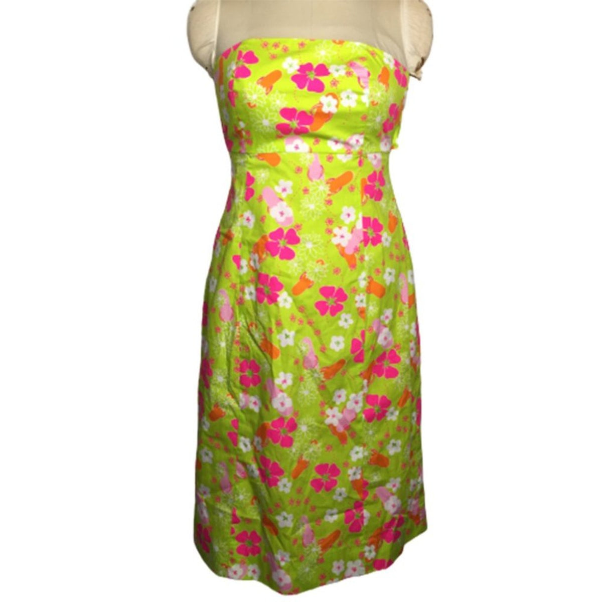 Lilly Pulitzer VTG Bandeau Strapless Dress Floral Green/White/Pink/Orange Size 4