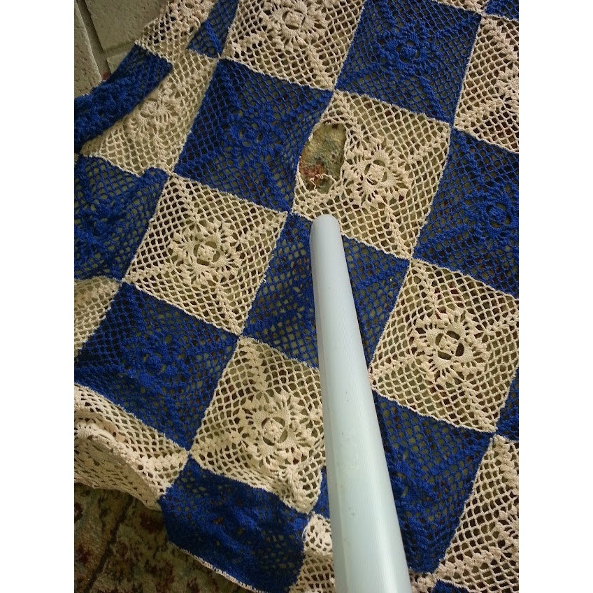 Vintage Blanket  Crochet Coverlet Bedspread DAMAGED Queen Blue Cream