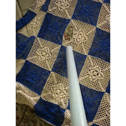 Vintage Blanket  Crochet Coverlet Bedspread DAMAGED Queen Blue Cream