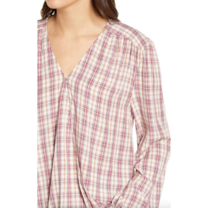 Treasure & Bond Shirred Wrap Top XS/Extra Small Pink Frosty Plaid NEW Surplice