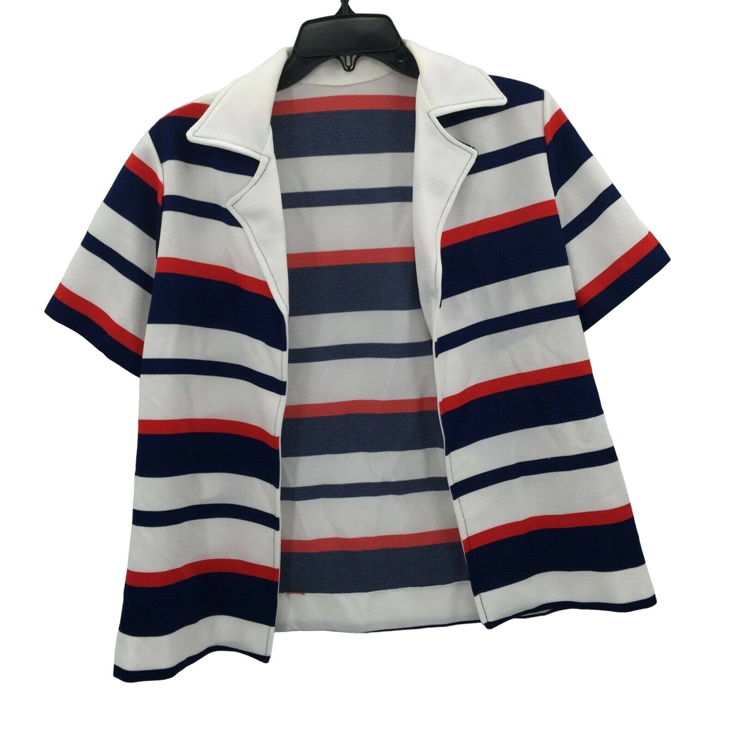 Vintage Red White Blue Patriotic Striped Casual Short Sleeve Open Front Jacket