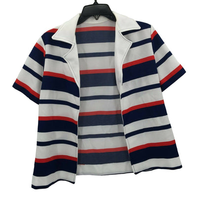 Vintage Red White Blue Patriotic Striped Casual Short Sleeve Open Front Jacket