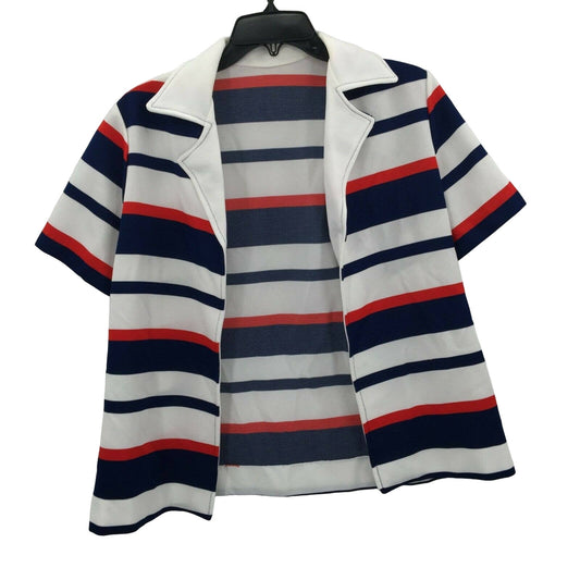 Vintage Red White Blue Patriotic Striped Casual Short Sleeve Open Front Jacket