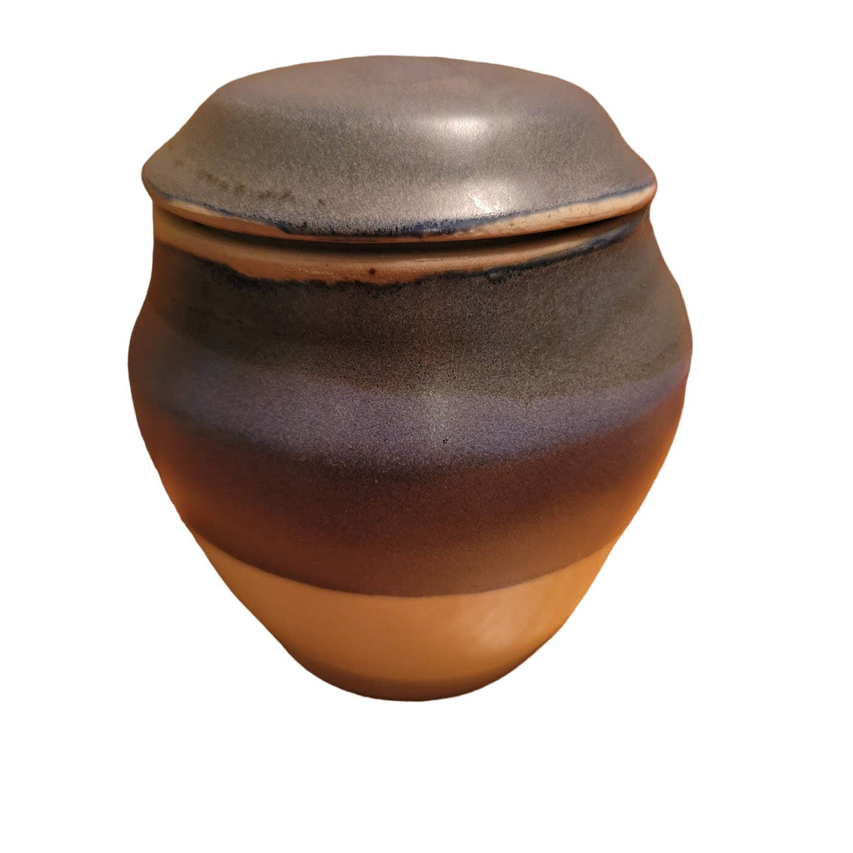 M. Law art pottery lidded jar clay Signed Studio blue Cream Apothecary Stash