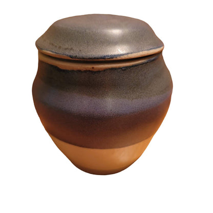 M. Law art pottery lidded jar clay Signed Studio blue Cream Apothecary Stash