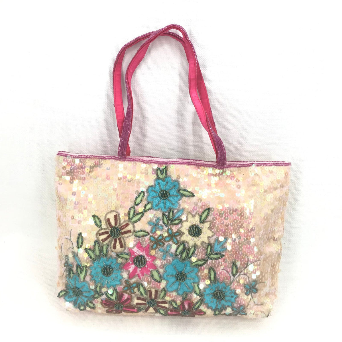 Beaded Prairie Rose Floral Embroidery Sequins Tote Handbag Multicolor