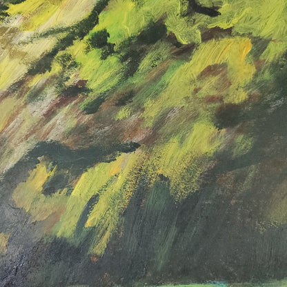 Vintage Oil Painting on board 2 women landscape Couple Sit Green Forest Scene