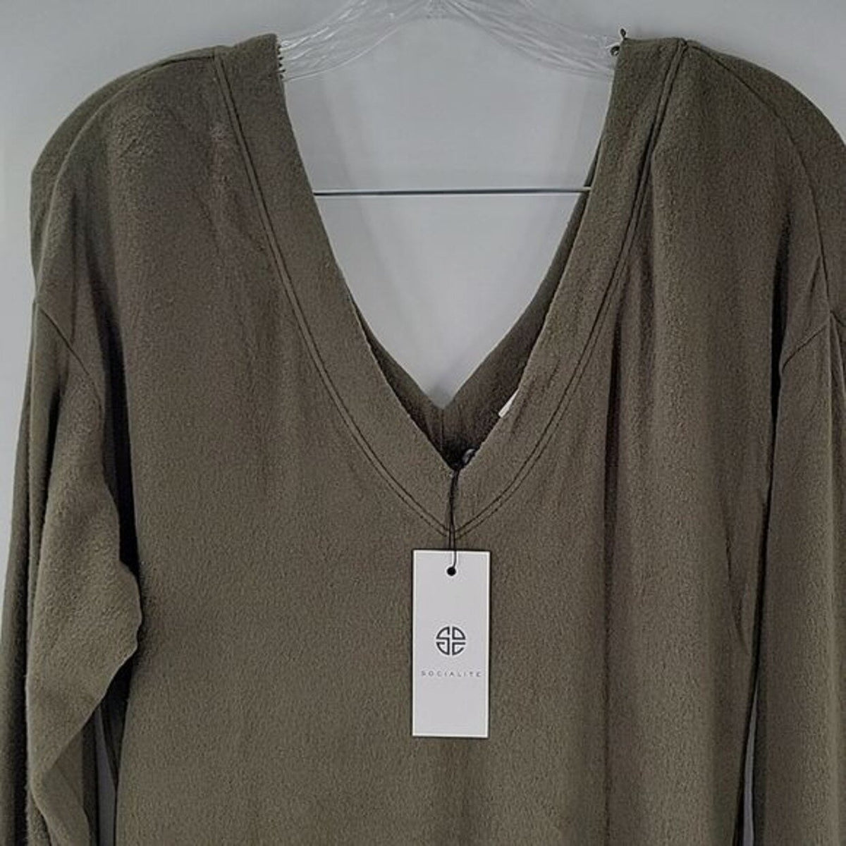 Socialite Women's Sweater Mini Dress Small Dark Olive Green NEW Double V-Neck