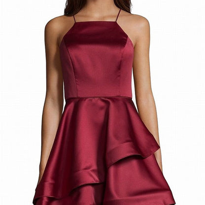 Betsy & Adam Wine Red Tiered Ruffle A-Line Dress 4 Cocktail Evening Short Layers