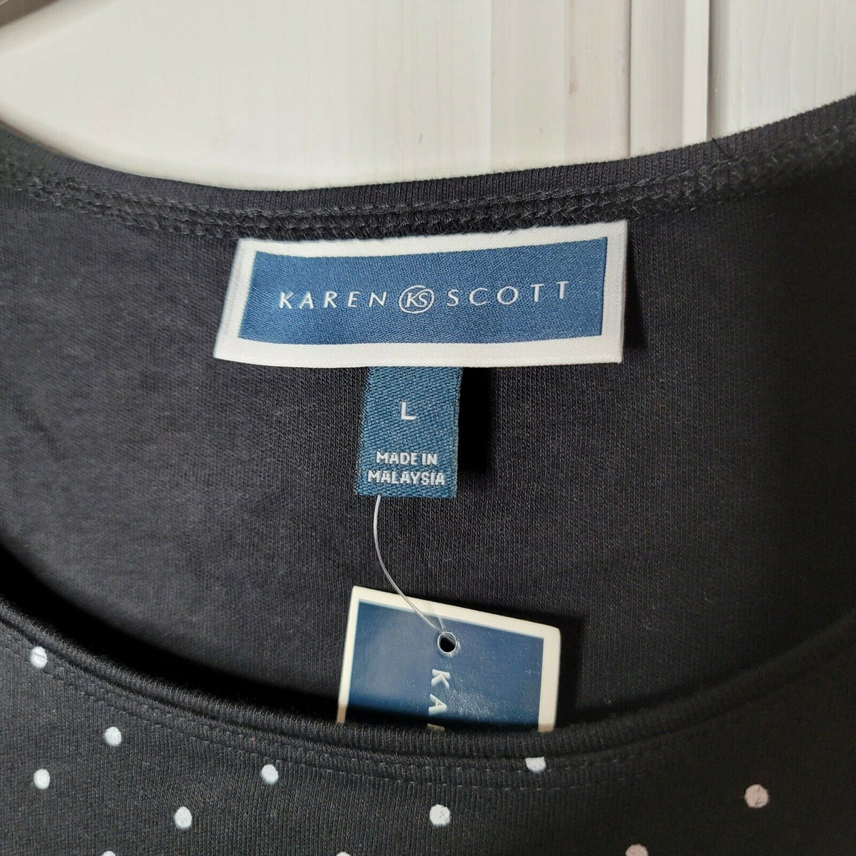 Karen Scott Short Sleeved Blouse Top Round Neck Polka Dot Deep Black Size L