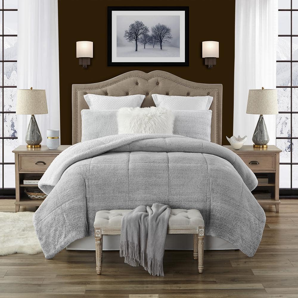 swift home  3-Piece Grey Faux Fur Reverse  Sherpa King/Cal Comforter Set