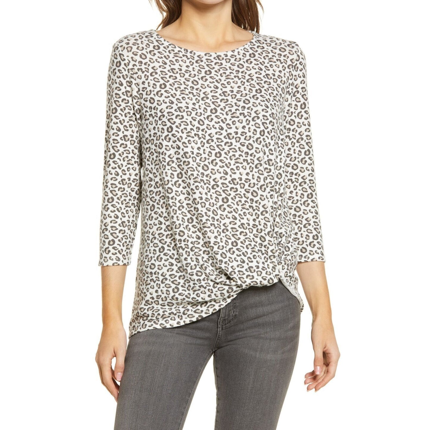 Gibsonlook Soft Knit Twist Front 3/4 Sleeve Top Sz Medium Cheetah Print NWT